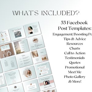 May include: A collage of 55 Facebook post templates for social media marketing. The templates include engagement posts, tips and advice, resources, charts, calls to action, testimonials, quotes, promotional posts, meet me posts, photo galleries, and more.