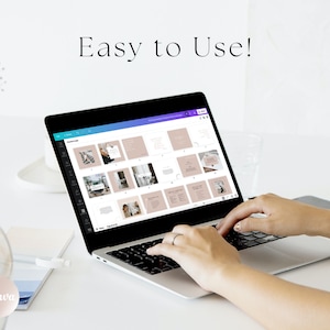 May include: A person using a laptop computer to design a social media template on Canva. The screen shows a grid of 12 different templates with a pink and white color scheme. The text "Easy to Use!" is displayed above the laptop.