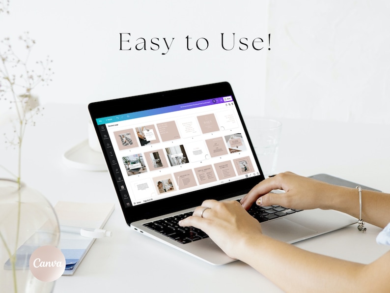 May include: A person using a laptop computer to design a social media template on Canva. The screen shows a grid of 12 different templates with a pink and white color scheme. The text "Easy to Use!" is displayed above the laptop.