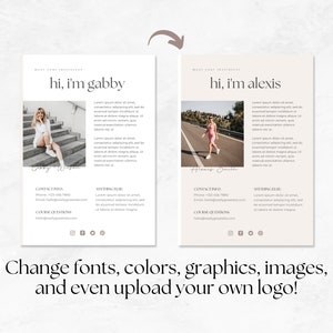 Op de afbeelding: Twee mockups van een visitekaartontwerp met een foto van een persoon en de tekst "hi, i'm gabby" en "hi, i'm alexis". De tekst bevat contactgegevens, een websiteadres en sociale media-pictogrammen.