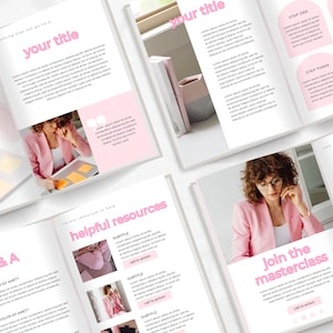 May include: A pink and white workbook with the title "Your Title" and the text "Join the masterclass" on the cover. The workbook includes sections for Q&A, helpful resources, and a checklist.
