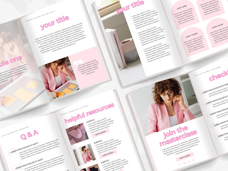 May include: A pink and white workbook with the title "Your Title" and the text "Join the masterclass" on the cover. The workbook includes sections for Q&A, helpful resources, and a checklist.