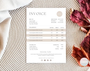 May include: A minimalist invoice template with a beige background and brown text. The invoice includes a logo, billing information, a description of services, hours, price, and total. The invoice also includes a thank you message and contact information for Wilson Virtual Assistance.