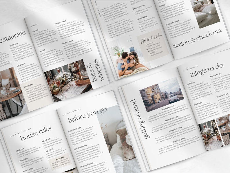 May include: A guidebook with a white background and black text. The guidebook is divided into sections with titles such as "restaurants", "bars & wineries", "house rules", "before you go", "getting around", "check in & check out", and "things to do".