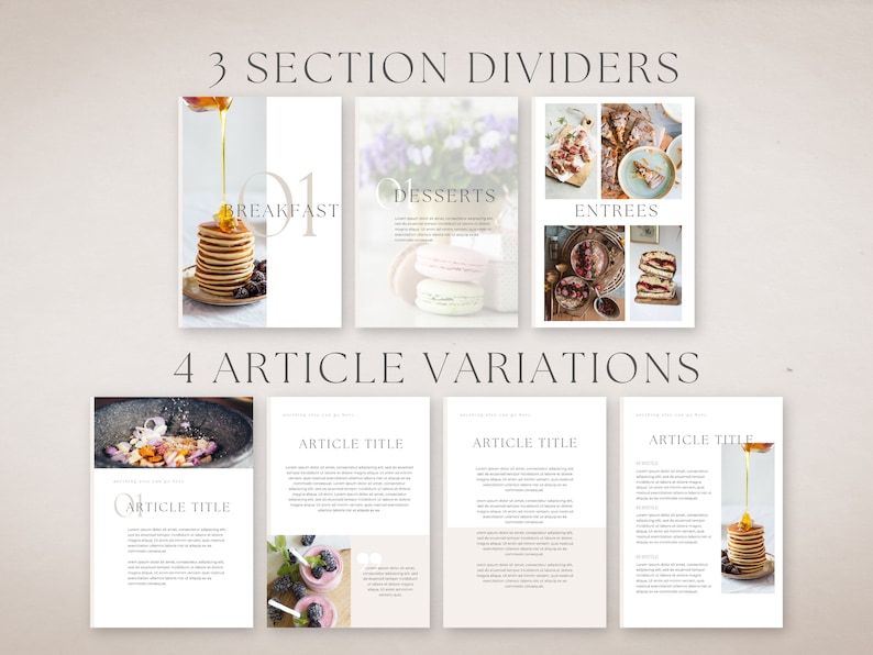 May include: Four different layouts for a recipe blog or website. Each layout features a different food image and the text "Article Title".