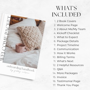 May include: A white book with the text "WELCOME PACKET" on the spine. The book is open to reveal a page with the text "onboarding handbook by gabby wilson". The text "WHAT'S INCLUDED" is displayed above a list of items included in the onboarding handbook.
