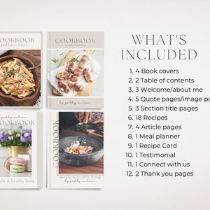 May include: A set of four cookbook covers with different food images and the text "COOKBOOK" and "simple & healthy living by gabby wilson". The text "WHAT'S INCLUDED" and a list of 12 items are also included.