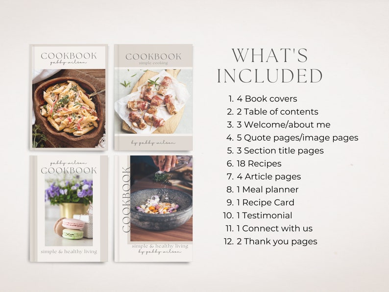 May include: A set of four cookbook covers with different food images and the text "COOKBOOK" and "simple & healthy living by gabby wilson". The text "WHAT'S INCLUDED" and a list of 12 items are also included.