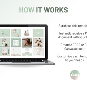 Op de afbeelding: Een laptopscherm waarop een Canva-sjabloon wordt weergegeven met een groen-wit kleurenschema. De sjabloon is voor social media-berichten en bevat tekst zoals "free to be you", "business" en "coaching". De tekst "HOW IT WORKS" wordt boven de laptop weergegeven. De tekst "Koop deze sjabloon. Ontvang direct een PDF-document met uw link. Maak een GRATIS of Pro Canva-account. Pas elke sjabloon aan uw behoeften aan." wordt rechts van de laptop weergegeven. Het Canva-logo wordt onder de tekst weergegeven.