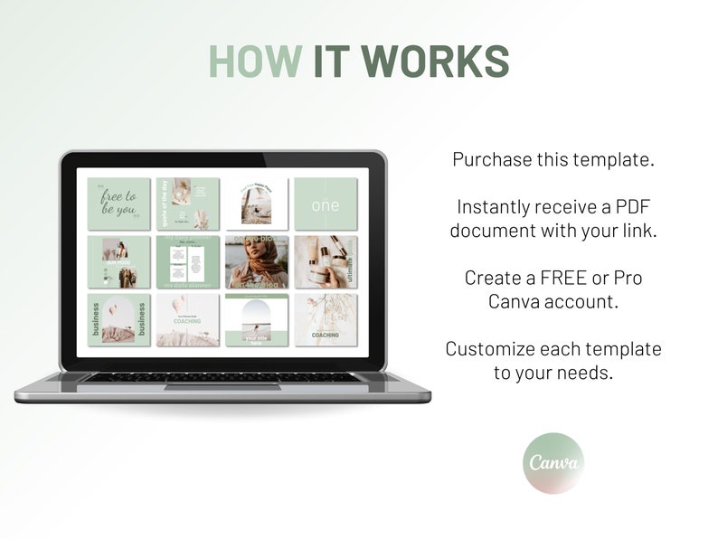 Op de afbeelding: Een laptopscherm waarop een Canva-sjabloon wordt weergegeven met een groen-wit kleurenschema. De sjabloon is voor social media-berichten en bevat tekst zoals "free to be you", "business" en "coaching". De tekst "HOW IT WORKS" wordt boven de laptop weergegeven. De tekst "Koop deze sjabloon. Ontvang direct een PDF-document met uw link. Maak een GRATIS of Pro Canva-account. Pas elke sjabloon aan uw behoeften aan." wordt rechts van de laptop weergegeven. Het Canva-logo wordt onder de tekst weergegeven.