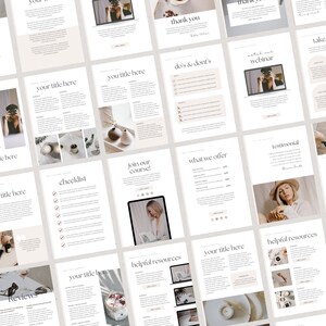 May include: A collection of digital marketing templates for a business or brand. The templates are designed in a minimalist style with a neutral colour palette. The templates include sections for testimonials, reviews, checklists, and more.