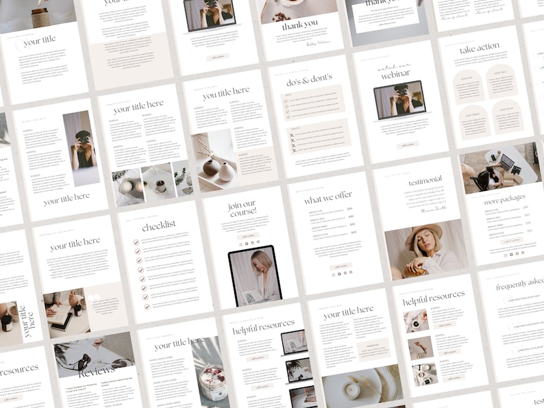 May include: A collection of digital marketing templates for a business or brand. The templates are designed in a minimalist style with a neutral colour palette. The templates include sections for testimonials, reviews, checklists, and more.