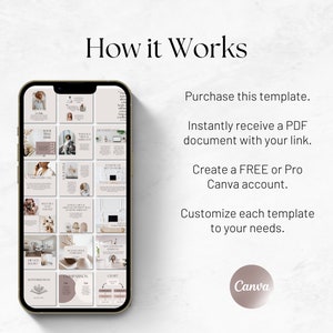 Może przedstawiać: Smartfon wyświetlający szablon Canva z siatką 16 projekt&oacute;w post&oacute;w w mediach społecznościowych. Projekty charakteryzują się neutralną paletą kolor&oacute;w z naciskiem na minimalistyczną estetykę. Tekst na ekranie zawiera "SEPTEMBER" i "DOTTED AS A" oraz "FREEBIE ALERT". Tekst na ekranie jest w nowoczesnej, bezszeryfowej czcionce. Telefon znajduje się na białym tle. Tekst "How it Works" znajduje się nad telefonem. Pod telefonem znajduje się tekst, kt&oacute;ry brzmi: "Kup ten szablon. Natychmiast otrzymasz dokument PDF z linkiem. Utw&oacute;rz bezpłatne lub profesjonalne konto Canva. Dostosuj każdy szablon do swoich potrzeb." Tekst "Canva" znajduje się w k&oacute;łku pod tekstem.