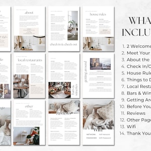 May include: A digital guide for guests staying at a vacation rental property. The guide includes sections for welcome, host information, property details, check-in/out, house rules, things to do, local restaurants, bars and wineries, getting around, before you go, reviews, other, wifi, and thank you.