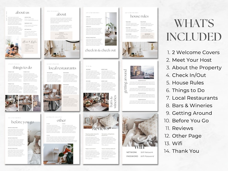 May include: A digital guide for guests staying at a vacation rental property. The guide includes sections for welcome, host information, property details, check-in/out, house rules, things to do, local restaurants, bars and wineries, getting around, before you go, reviews, other, wifi, and thank you.