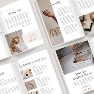 May include: A white and beige workbook with the title "About Me" and a section titled "Helpful Resources". The workbook also includes a checklist and a section titled "Join the Masterclass!"