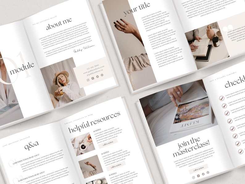 May include: A white and beige workbook with the title "About Me" and a section titled "Helpful Resources". The workbook also includes a checklist and a section titled "Join the Masterclass!"