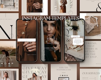 May include: A collection of Instagram templates featuring a variety of designs and text overlays. The templates include images of a woman, a book, a ring, and a clothing item. The text on the templates includes phrases like "New in the Shop", "New Episode", "Giveaway", "Join the Masterclass", and "Our Services".