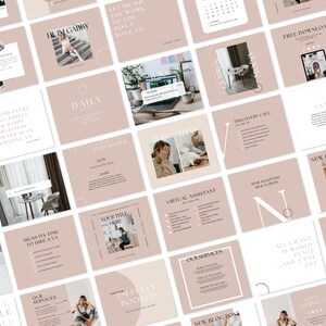 May include: A collection of social media post templates for a virtual assistant business. The templates feature a minimalist design with a pink background and white text. Some of the templates include text such as "Daily", "Virtual Assistant", "New Blog Post", and "Discovery Call".