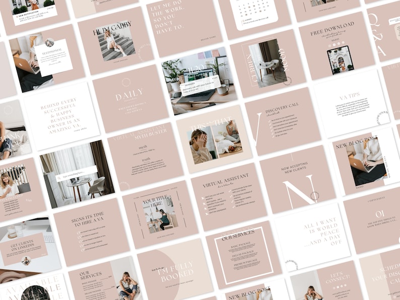 May include: A collection of social media post templates for a virtual assistant business. The templates feature a minimalist design with a pink background and white text. Some of the templates include text such as "Daily", "Virtual Assistant", "New Blog Post", and "Discovery Call".
