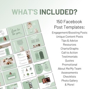 Op de afbeelding: Een collage van 150 groene en witte Facebook-posttemplates voor social media marketing. De tekst "WHAT'S INCLUDED?" staat bovenaan de afbeelding. De tekst "150 Facebook-posttemplates" staat in het midden van de afbeelding. De tekst "Engagement/Boosting Posts, Unique Content Posts, Tips & Advice, Resources, Charts/Graphs, Call to Action, Testimonials, Quotes, Promotional, About Me/My Team, Assessments, Checklists, Photo Gallery & More!" staat onder de tekst "150 Facebook-posttemplates".