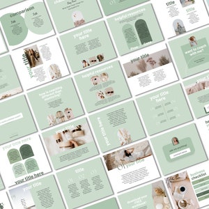Op de afbeelding: Een verzameling groene en witte digitale sjablonen voor sociale media. De sjablonen bevatten tekstvakken, bogen en illustraties van planten. De tekst op de sjablonen omvat "uw titel hier", "handige bronnen", "vergelijking", "hoe verschilt coaching van mentoring?", "wil je met me coachen?", "bedrijfschecklist", "mijn dagelijkse routine", "download je gratis werkboek!" en "lees de blog".