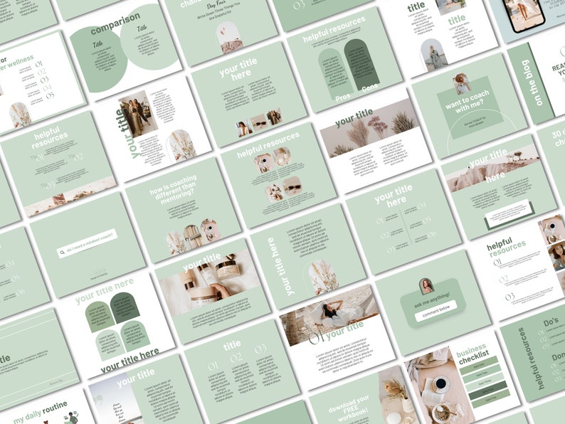 Op de afbeelding: Een verzameling groene en witte digitale sjablonen voor sociale media. De sjablonen bevatten tekstvakken, bogen en illustraties van planten. De tekst op de sjablonen omvat "uw titel hier", "handige bronnen", "vergelijking", "hoe verschilt coaching van mentoring?", "wil je met me coachen?", "bedrijfschecklist", "mijn dagelijkse routine", "download je gratis werkboek!" en "lees de blog".