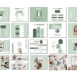 Op de afbeelding: Een set van 16 groene en witte presentatie dia's met verschillende grafieken, diagrammen en tekst. De dia's bevatten onderwerpen zoals zelfzorg, checklist, zelfevaluatie, onze programma's, doe mee, bekijk onze webinar, weggeefactie, meer van ons merk, Q&A, to-do lijst, spotlight, bedankt, baas babe en fotogalerij.