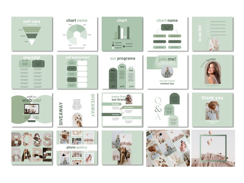 Op de afbeelding: Een set van 16 groene en witte presentatie dia's met verschillende grafieken, diagrammen en tekst. De dia's bevatten onderwerpen zoals zelfzorg, checklist, zelfevaluatie, onze programma's, doe mee, bekijk onze webinar, weggeefactie, meer van ons merk, Q&A, to-do lijst, spotlight, bedankt, baas babe en fotogalerij.