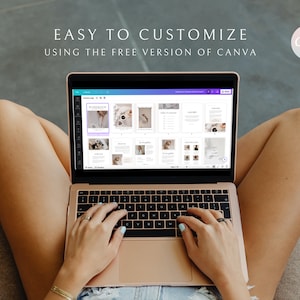 May include: A person using a laptop computer with a screen displaying a Canva design template. The text on the screen reads "Easy to customize using the free version of Canva". The Canva logo is visible in the top right corner of the screen.