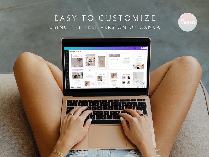 May include: A person using a laptop computer with a screen displaying a Canva design template. The text on the screen reads "Easy to customize using the free version of Canva". The Canva logo is visible in the top right corner of the screen.