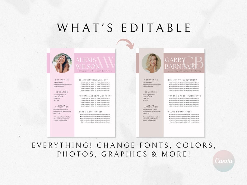 May include: Two pink and beige resume templates with a photo of a woman at the top. The text "WHAT'S EDITABLE" is at the top of the image. The text "EVERYTHING! CHANGE FONTS, COLORS, PHOTOS, GRAPHICS & MORE!" is at the bottom of the image. The text "Canva" is in the bottom right corner of the image.