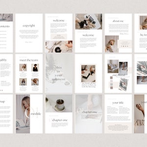 May include: A digital workbook with a minimalist design featuring a light brown background and white text. The workbook includes sections titled "Welcome", "Table of Contents", "Copyright", "About Me", "Hi, I'm Gabby", "Meet the Team", "This is Your Moment", "Our Mood", "Roadmap", "Module", "Chapter One", and "Your Title".