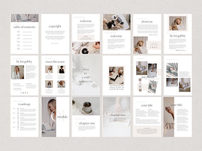 May include: A digital workbook with a minimalist design featuring a light brown background and white text. The workbook includes sections titled "Welcome", "Table of Contents", "Copyright", "About Me", "Hi, I'm Gabby", "Meet the Team", "This is Your Moment", "Our Mood", "Roadmap", "Module", "Chapter One", and "Your Title".