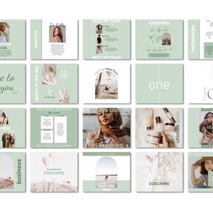 Op de afbeelding: Een verzameling Instagram-story-sjablonen in een groen-wit kleurenschema. De sjablonen bevatten tekst zoals "free to be you", "quote of the day", "our mood", "my daily planner", "on my blog", "one", "ultimate guide", "testimonials", "reason 01", "business", "coaching" en "your title here".