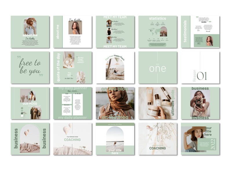Op de afbeelding: Een verzameling Instagram-story-sjablonen in een groen-wit kleurenschema. De sjablonen bevatten tekst zoals "free to be you", "quote of the day", "our mood", "my daily planner", "on my blog", "one", "ultimate guide", "testimonials", "reason 01", "business", "coaching" en "your title here".