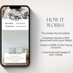 May include: A smartphone mockup displaying a wifi password template with the text "wifi", "network", "password", "wifi network", "wifi password", and "thank you". The template is designed for use in a home or business setting. The text "HOW IT WORKS" is displayed above the template. The text below the template explains how to use the template. The text reads: "Purchase this template. Instantly receive a PDF document with your link(s). Create a FREE or Pro Canva account. Customize each page to your needs."