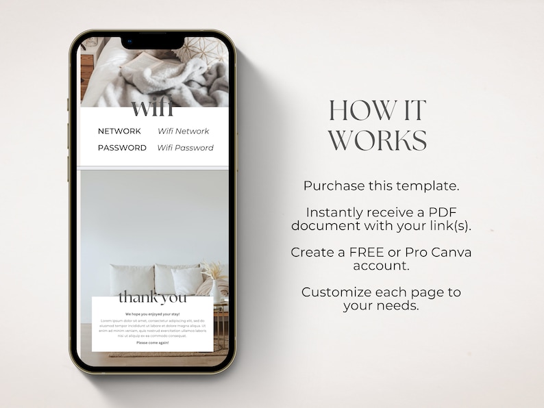 May include: A smartphone mockup displaying a wifi password template with the text "wifi", "network", "password", "wifi network", "wifi password", and "thank you". The template is designed for use in a home or business setting. The text "HOW IT WORKS" is displayed above the template. The text below the template explains how to use the template. The text reads: "Purchase this template. Instantly receive a PDF document with your link(s). Create a FREE or Pro Canva account. Customize each page to your needs."
