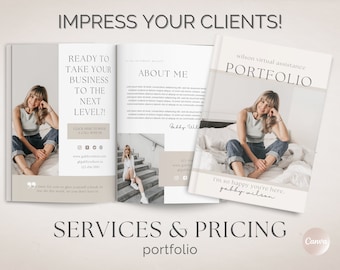 May include: A two-page spread of a portfolio for a virtual assistant. The cover features a woman sitting on a bed with the text "wilson virtual assistance PORTFOLIO" in a white font on a light beige background. The second page features a woman sitting on stairs with the text "ABOUT ME" in a white font on a light beige background. The text "IMPRESS YOUR CLIENTS!" is at the top of the page. The text "READY TO TAKE YOUR BUSINESS TO THE NEXT LEVEL?!" is on the left side of the page. The text "SERVICES & PRICING portfolio" is at the bottom of the page.