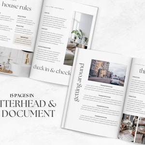 May include: A 15-page booklet with a white background and black text. The booklet is titled "Letterhead & A4 Document". The pages include sections titled "House Rules", "Check In & Check Out", "Getting Around", and "Things To Do".