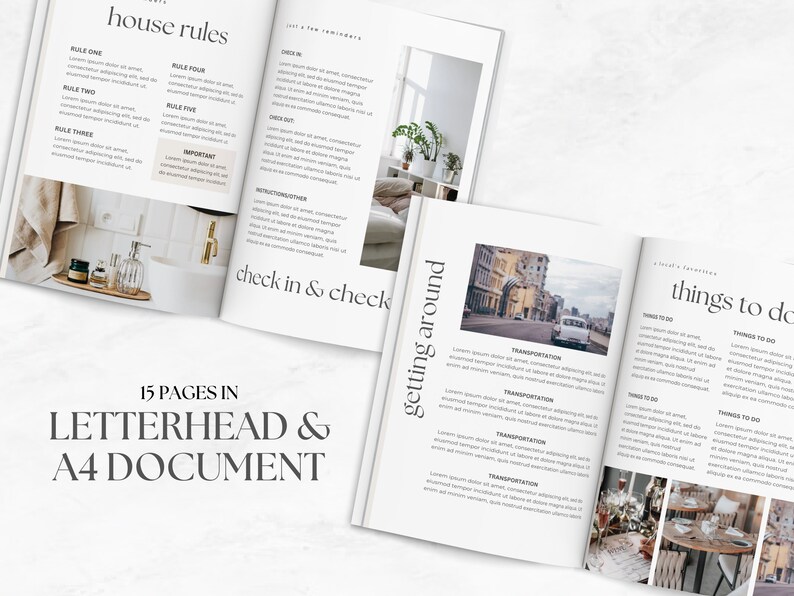 May include: A 15-page booklet with a white background and black text. The booklet is titled "Letterhead & A4 Document". The pages include sections titled "House Rules", "Check In & Check Out", "Getting Around", and "Things To Do".