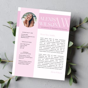 May include: A pink and white resume template with a headshot of a woman. The resume includes contact information, education, and Greek affiliation. The text at the top reads "Alexis Wilson, University of Southern California".