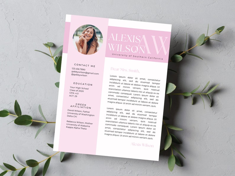 May include: A pink and white resume template with a headshot of a woman. The resume includes contact information, education, and Greek affiliation. The text at the top reads "Alexis Wilson, University of Southern California".