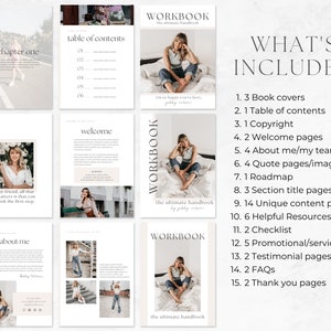 Op de afbeelding: Een werkboek met een witte achtergrond en een beige ontwerp. De omslag heeft de tekst "WORKBOOK" in zwart en de woorden "the ultimate handbook" in een kleiner lettertype. De tekst "WHAT'S INCLUDED" is in zwart en staat gecentreerd op de pagina. Een lijst met items die in het werkboek zijn opgenomen, staat onder de tekst.