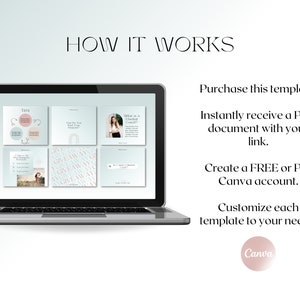 May include: A laptop screen displaying a Canva template with a light blue background and pink accents. The template includes text boxes, images, and a graphic with the text "GIVEAWAY". The text on the screen reads "How it works", "Purchase this template", "Instantly receive a PDF document with your link", "Create a FREE or Pro Canva account", "Customize each template to your needs", and "Canva".