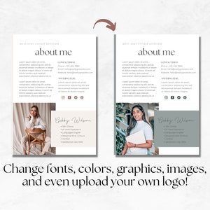 May include: Two mockups of a business card template with a light background and a photo of a woman. The text on the card reads "about me" and includes contact information and a list of services. The text "Change fonts, colors, graphics, images, and even upload your own logo!" is below the mockups.