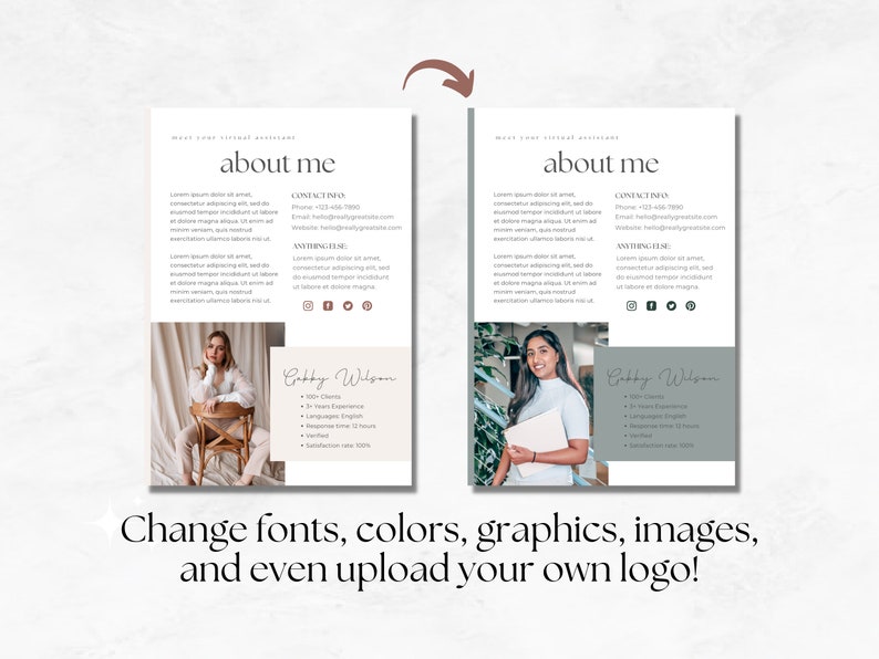May include: Two mockups of a business card template with a light background and a photo of a woman. The text on the card reads "about me" and includes contact information and a list of services. The text "Change fonts, colors, graphics, images, and even upload your own logo!" is below the mockups.