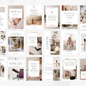 K&ouml;nnte beinhalten: Eine Collage aus 12 Instagram-Story-Vorlagen f&uuml;r Coaches und Unternehmer. Die Vorlagen zeichnen sich durch eine neutrale Farbpalette mit Beige-, Wei&szlig;- und Braunt&ouml;nen aus. Der Text auf den Vorlagen enth&auml;lt S&auml;tze wie "Traum gro&szlig;", "Wie man ein Lebenscoach wird", "Ultimativer Leitfaden", "Verdoppeln Sie Ihre E-Mail-Liste", "Werden Sie jetzt viral" und "Minikurs".