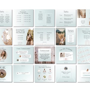 May include: A collection of 16 Instagram post templates for coaches and business owners. The templates feature a light blue background with white text and graphics. Some of the templates include text such as "Download Your Free Workbook!" and "How is Coaching Different Than Mentoring?"