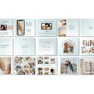 May include: A collage of 16 Instagram story templates with a light blue background. The templates feature text such as "Free Webinar", "Ways to Make Passive Income", "In the Shop", "New Online Course", "Become a Mindset Coach", "Daily Reminder", "How Do You Find Your Purpose?", "It Always Dare Before The Light", "Find Your Happy Place", "Girl Boss", "Photo Gallery", "Your Mental Health is Your Number One Priority", "Do You Feel Empowered Today?", and images of a woman, a phone, a beach, and a rainbow.